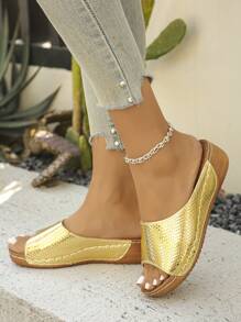 大码 36-45 夏季时尚休闲简约锈棕色坡跟凉鞋，轻便舒适棕色罗马风格休闲/户外女士厚底拖鞋 - 金色 - 查看 6