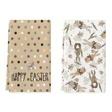 4-Piece Easter Theme Decorative Hand Towels Set, Polka Dot & Plaid Bunny Pattern, Polyester Kitchen Towels, Simple Rustic Style, Soft Absorbent Drying Cloth, Kitchen And Bathroom Decor - Brown - View 6