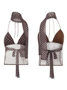Women's Halter Neck Tops Sleeveless Tie Backless Dots Print Slim Fit Cami Tops Summer Shirts - Cà phê nâu - Xem 10