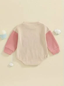 Newborn Baby Girl Clothes Letter Print Romper Waffler Long Sleeve Round Neck Contrasting Colors Summer Adorable Jumpsuit Little Sister Matching Outfits - Pink - View 2