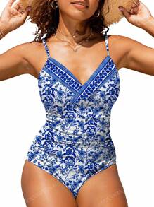 Maillot de bain une pièce avec imprimé floral sexy, froncé et croisé, parfait pour les vacances d'été à la plage
