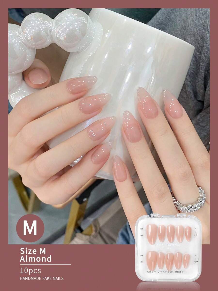 Hãy tô điểm vẻ lãng mạn với bộ 10 móng tay giả dài, màu nude đơn giản, hình quả hạnh, size M, độ dài trung bình, che phủ toàn bộ móng, làm thủ công dành cho phụ nữ và bé gái. Móng tay giả dán thủ công, phụ kiện làm móng, móng tay dán thủ công. - Bụi hồng - Xem 1