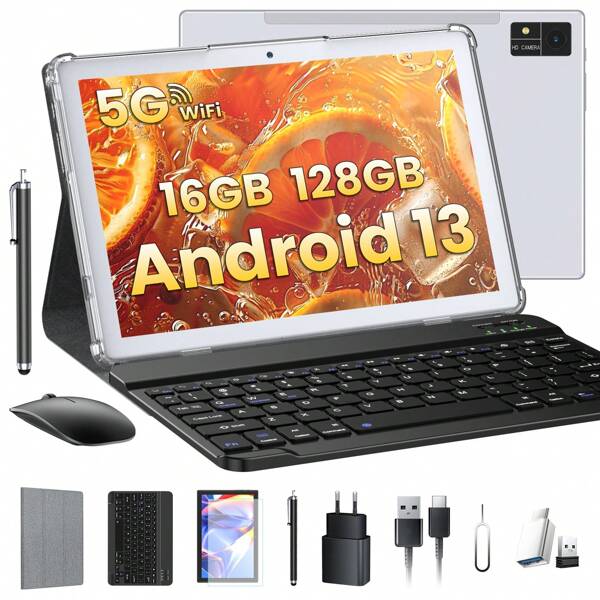 2025 Última tableta Tabletas de 10 pulgadas 16GB RAM + 128GB ROM/TF 1TB, 5G + 2.4G WLAN, 8 núcleos 2.0GHz, 8000mAh, 13MP + 8MP, Tablet PC Android 13 Tablet con teclado Pen Mouse, 1080FHD, GPS GMS Tablet - Plata