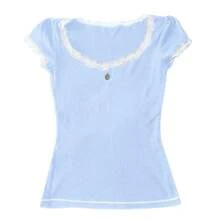 Women Y2K Lace Trim Pointelle Crop Tops Scoop Neck Short Sleeve T Shirts Baby Tee Aesthetic Clothes Going Out - Màu xanh lam - Xem 2