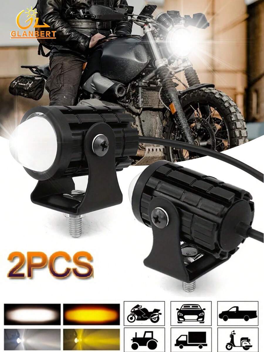 2pcs Universal Motorcycle LED Headlights With Yellow And White Dual Color High And Low Beam Spotlights Ultra Bright Motorcycle Spotlights - Black - View 1
