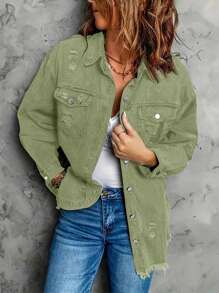 Green Denim Jacket Jeans Flap Pocket Drop Shoulder Denim Jacket Women's Ripped Distressed Denim Jacket Casual Long Sleeve Boyfriend Jean Coat Basic Jackets - Green - View 4