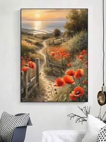 5D Diamond Painting Kit - Peaceful Coastal Path, Full Round Diamonds, Acrylic Mosaic Cross Stitch Set, Sunset And Red Poppy Field Scene, Ideal Home And Wall Decor Gift, 7.87x11.81 Inches, New Diamond Painting Kit