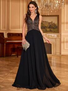 UNITHORSE [Random Cutout] Women's V-Neck Gradient Sequin Chiffon Waist Gathered Solid Color Elegant Party Dress, Wedding Dress, Formal Dress, Evening Dress, Birthday Women Outfits, Graduation Dress,Gown,Wedding Guest - 黑色 - 查看 1