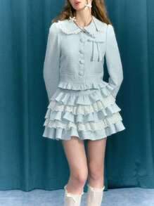Women Plaid Mini Skirts High Waist Lace Patchwork A-Line Skirts Layered Ruffle Skirts - Blue - View 2