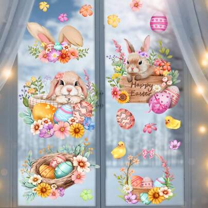 1 Bộ Hình Dán Cửa Sổ Hình Thỏ, Hoa và Trứng Phục Sinh, Hình Dán Cửa Sổ Hai Mặt, Hình Thỏ Hoạt Hình, Tự Dính, Chất Liệu PVC, Dùng Để Trang Trí Cửa Kính Nhà Cửa, Sinh Nhật, Ngày Lễ Phục Sinh.
