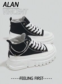 Alan Vincent[帆布鞋系列]厚底帆布鞋 2025 新款女式高帮帆布鞋配银链厚底鞋增高运动鞋女士运动鞋黑色女鞋时尚休闲帆布女鞋