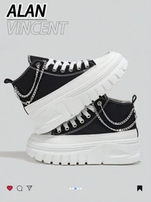 Alan Vincent[帆布鞋系列]厚底帆布鞋 2025 新款女式高帮帆布鞋配银链厚底鞋增高运动鞋女士运动鞋黑色女鞋时尚休闲帆布女鞋