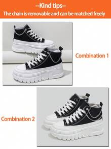 Alan Vincent[帆布鞋系列]厚底帆布鞋 2025 新款女式高帮帆布鞋配银链厚底鞋增高运动鞋女士运动鞋黑色女鞋时尚休闲帆布女鞋