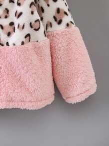 Young Girls Thick Warm Colorblock Leopard Plush Zipper Hooded Jacket, Fashionable Cute Faux Fur Jacket, Autumn/Winter - Pink - View 5