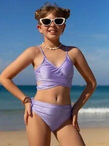 New Tween Girl Solid Color Bikini Swimwear, Special Material Bikini Swimwear - Mauve Purple - View 1
