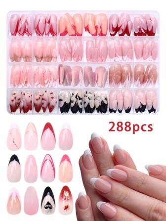 288Pcs Box Almond Shaped Short Nail Tip Charms With Heart French Gradient Press On Nails Square Press On Nails Young Girls Acrylic Nails Clear Square Gift Box Nails Gift Ideas Acrylic Nails Clear Almond Shaped False Nails Set Nails Nail Supplies Nails