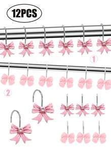 12pcs Valentine's Day Resin Pink Bow Shower Curtain Hooks, Pink Bathroom Accessories Home Decor, Curtain Rings, Decorative Bathroom Home Accessories, Art Decors, Design Rust-Proof Metal Shower,Decorative Shower Curtain Hooks,Valentine's Gift - Pink - View 1
