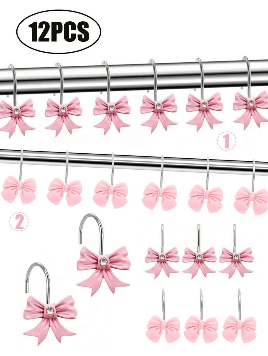 12pcs Valentine's Day Resin Pink Bow Shower Curtain Hooks, Pink Bathroom Accessories Home Decor, Curtain Rings, Decorative Bathroom Home Accessories, Art Decors, Design Rust-Proof Metal Shower,Decorative Shower Curtain Hooks,Valentine's Gift - Pink - View 1