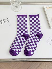 5双男女同款棋盘格图案简约街头时尚复古柔软舒适休闲中筒袜适合居家休闲或户外运动穿着秋季 - 彩色 - 查看 11