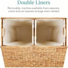 Best Choice Products Large Double Laundry Hamper With Lid, Natural Handwoven Water Hyacinth, 2 Sections W/ 2 Machine Washable Linen Liner Bags, Portable, Handles - Natural