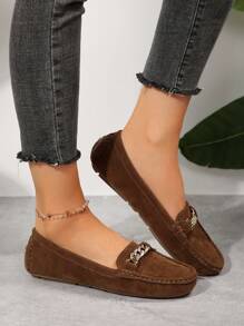 Fashion New Comfortable Casual Metal Chain Decor Women's Flat Shoes, Outdoor Lightweight Soft Bottom Fabric Slip-On Low-Top Slip-On Sandals, Summer Beach Vacation Solid Color Round Toe Simple Suede Brown Loafers - Brown - View 1
