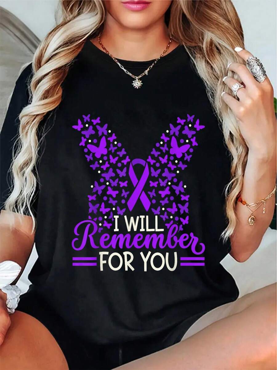 Cotton Alzheimers Awareness Ribbon Disease Dementia I Wear Purple T-Shirt - Black - View 1