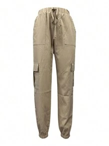 Women Plus Size Cargo Pants, Elastic Waist Solid Loose Trousers With Pockets Streetwear For Casual Daily L-4XL - Khaki - View 9