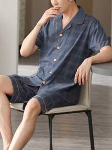 2pcs/Set Men Summer Sleepwear Lightweight Short Sleeve Cardigan Top And Shorts, Breathable Moisture-Wicking Pajama Set