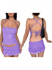 Women Y2k Mini Skirt Sets 2 PIece Lace Outfit Sexy Hlater Tie-Up Backless Sleeveless Crop Tops Low Rise Mini Skirt  Party Clubwear Bandeau Going Out Tank Tops Summer Outfit Aesthetic Clothes - 淡紫色 - 查看 2
