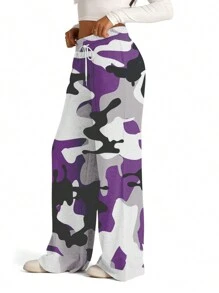 Women's Spring Summer Baggy Pants Drawstring Camouflage Loose Fit Wide Leg Trousers - 紫色 - 查看 6