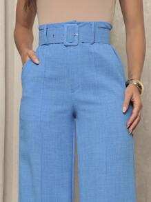 Women's Linen Material Trousers With Belt - Blue - View 4