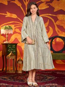 Tween Girls' Arabic Sequin Robe - Green - View 3