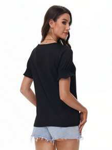 KAHULE Tops For Women Square Neck Summer Casual Ruffle Trim Sleeve  T Shirts - 黑色 - 查看 2