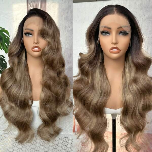 13*6 Swiss Lace Front Wavy Middle Part Free Part Pre-Plucked Medium Long Hair 26in High Temperature Fiber Wig With Baby Hair Highlights Honey Blonde Suitable For Daily Wear, Party, Women Synthetic Full Wig