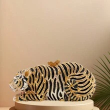 Women Cute Tiger Shaped Evening Clutch Sparkling Rhinestones Handbag Prom Party Purse - 金色 - 查看 4