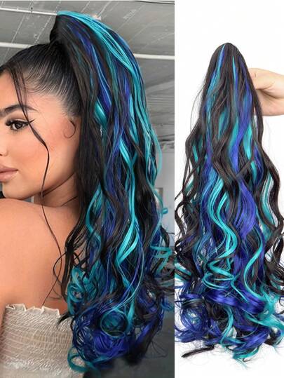 Curly Hair Ponytail Extension Dark Brown Claw Clip In Hair Extensions Ponytail 20"Blue Highlights Wavy Ponytail Wig Synthetic Natural Fluffy Fake Hair Daily Holiday Use Hot Selling