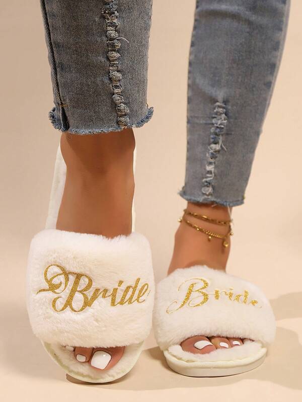 1 Pair Women Custom Glitter Text Printed Plush Slippers, Gift For Her, Wedding/Bridesmaid/Birthday/Bestie, Comfortable Indoor Shoes Suitable For All Seasons