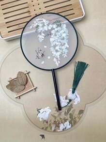 1 Stück vintage Handventilator, chinesischer runder Fächer mit Seide-Stickerei, Kranich-Blumen Heim- und Raumdekoration, Tanzfächer mit Quasten, Party-Requisiten, Weihnachts-, Valentinstags- und Neujahrgeschenk