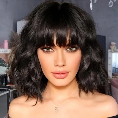 ESSVIGANT Black Bob Wig With Bangs For Women 14 Inch Short Bob Wavy Curly Wig Natural Black Hair Wigs Heat Resistant Synthetic Wigs Wedding Party Daily Use