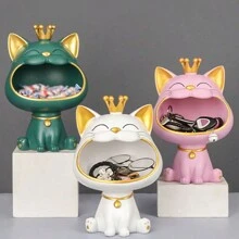 1PC Fortune Crown Big Mouth Cat Entrance Key Storage Tray Decorative Ornament, Light Luxury Housewarming Gift Sculpture