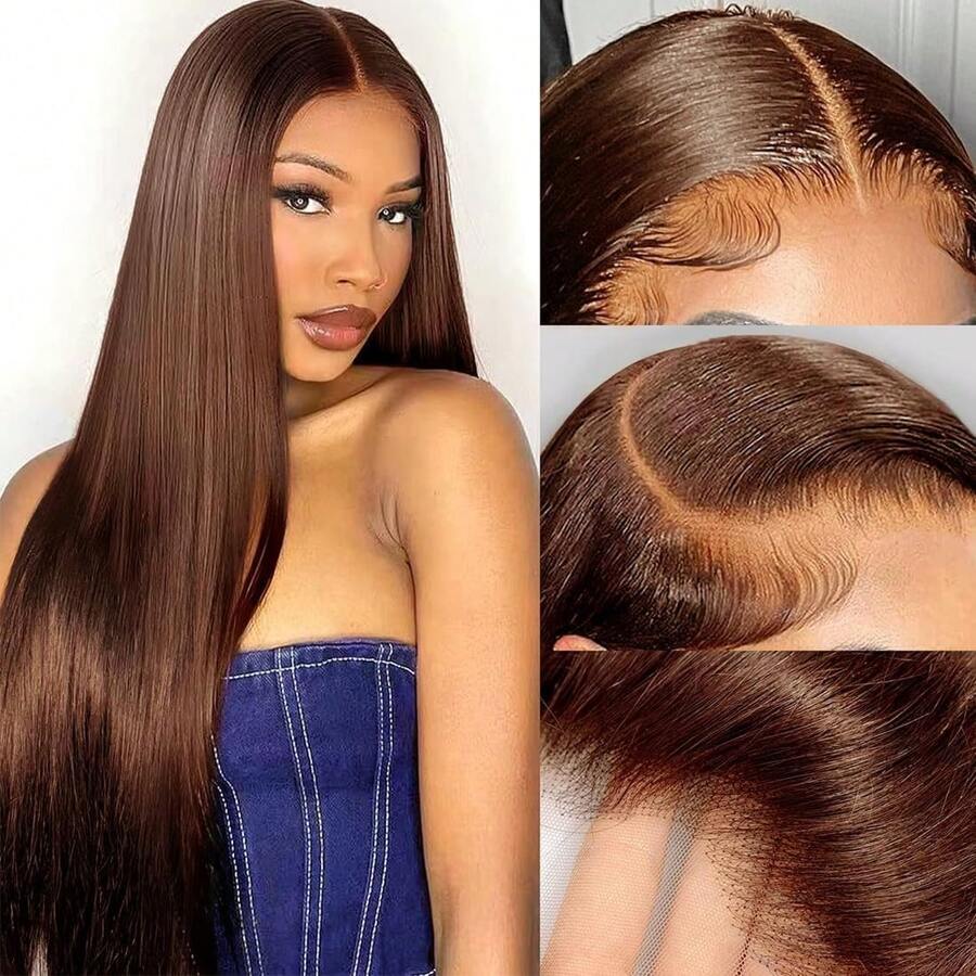 Tóc giả dài 28 inch 180% mật độ màu nâu sô cô la 13x4 làm từ sợi tóc thật, tóc giả thẳng dài #4, tóc giả ren trong suốt (tóc giả bob 6-14 inch) - Dark Brown - Xem 1