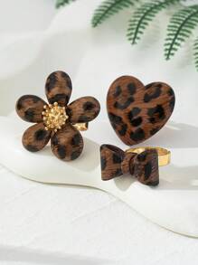 3 Stück übertrieben breite Ringe mit niedlichen Blasenblumen, Herzen, Schleifen und einzigartigem Leopardendruck Acryl mit Holzmaserung, vielseitiger Alltagsstil für Frauen, Feiern und Geschenke für die Freundin am Valentinstag (Leopardenmuster, Farbe und Anordnung sind zufällig)