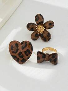 3 Stück übertrieben breite Ringe mit niedlichen Blasenblumen, Herzen, Schleifen und einzigartigem Leopardendruck Acryl mit Holzmaserung, vielseitiger Alltagsstil für Frauen, Feiern und Geschenke für die Freundin am Valentinstag (Leopardenmuster, Farbe und Anordnung sind zufällig)