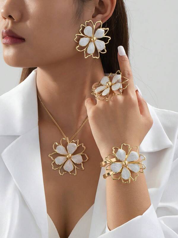 1 Set de joyas elegante y versátil con flor geométrica hueca, pétalo, brazalete ajustable, anillo, collar y aretes, adecuado para uso diario y eventos formales para mujeres