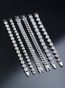 kuuioe 1 件装欧美时尚链条水钻手链方形水钻圆形心形女士复古朋克风格嘻哈珠宝情人节 - 銀色 - 查看 1