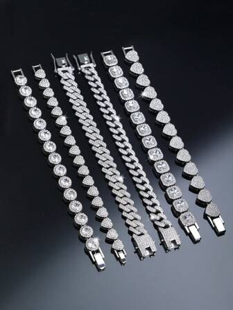 kuuioe 1 件装欧美时尚链条水钻手链方形水钻圆形心形女士复古朋克风格嘻哈珠宝情人节