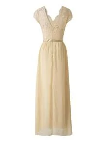 Women's Long Evening Dress, Solid Color Lace Patchwork Backless V Neck Elegant Dress, Simple One-Piece Clothes - 香檳色 - 查看 9