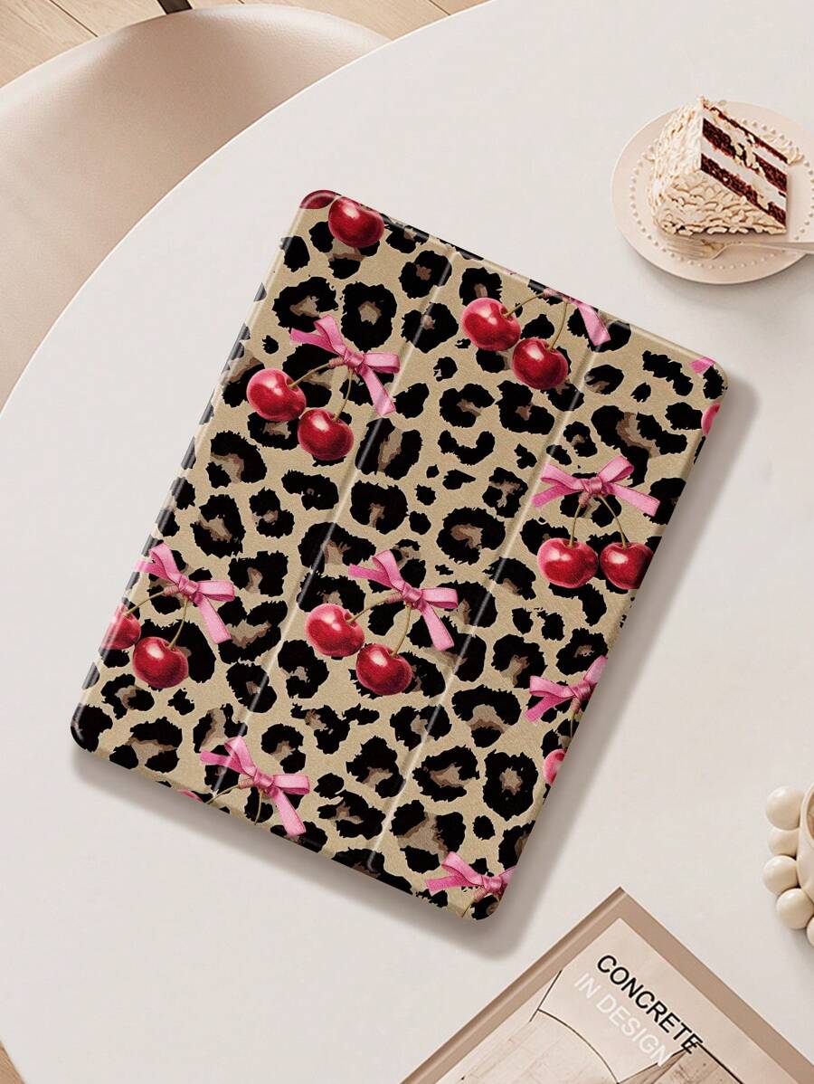 Leopard Spot & Cherry Pattern Protective Case Compatible With IPad 10th Gen, IPad Air 4/5 10.9-Inch, Built-In Pen Slot Compatible With Samsung Tab A8 10.5-Inch, Tab A7 Lite 8.7-Inch, Stylish Leather Cover, Suitable For Back To School, Valentine's Day, New Year Gifts
