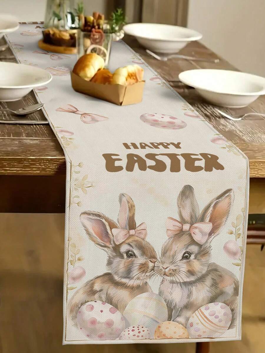 1pc Rabbit & Easter Egg Pattern Table Runner, Home Decor Table Runner For Easter Home Interior, Indoor/Outdoor Party Supplies, Room Decoration. Suitable For Easter Home Kitchen Decoration And Easter Party Decoration - Multicolor - View 1