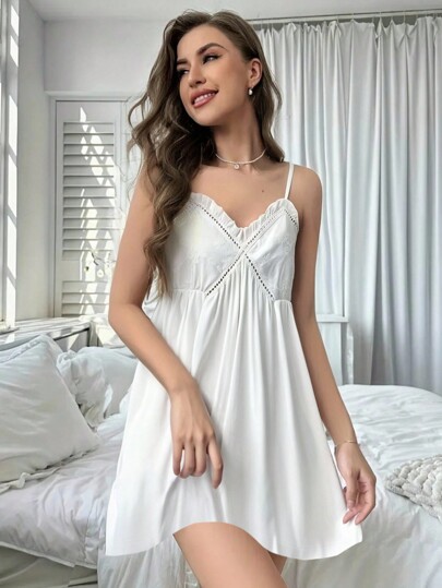 Women Lace Trim Sleeveless Nightgown Lounge Dress, Floral Lace Design Sexy Cute Casual Short Nightie, Suitable For Spring/Summer
